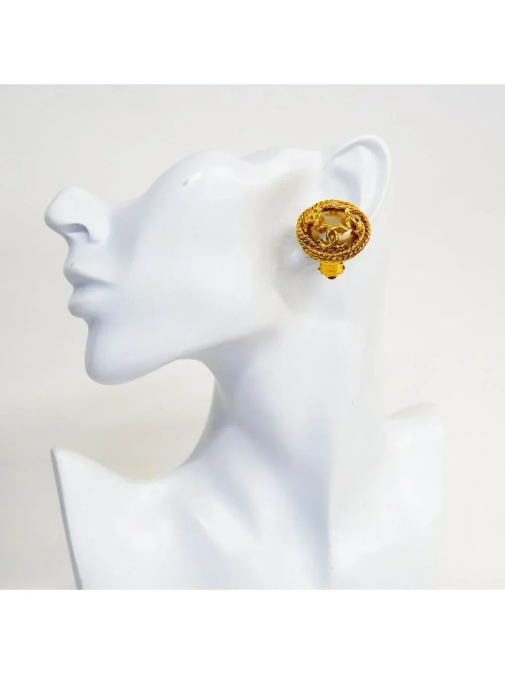 Chanel Earrings Vintage CC Logo Round Circle Gold Plated Faux Pearl